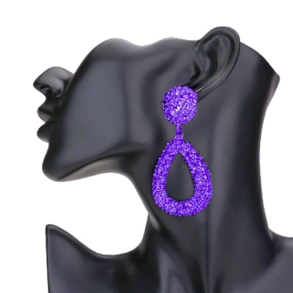 Purple Textured Open Metal Teardrop Dangle Drop Earrings